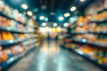 Blurred supermarket aisle with produce and shelves.