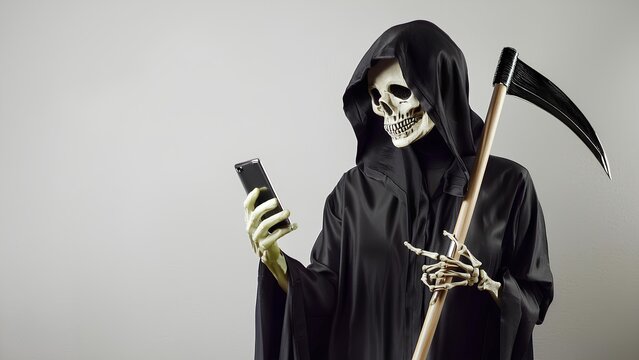 Skeleton symbolizing death with a phone in his hand. Reaper with a scythe and a smartphone and uses a mobile phone on a gray background. Concept: Internet addiction, consequences.