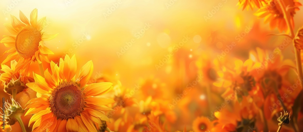 Poster Sunflowers in bloom during sunset with a blank space for adding text or images. Creative banner. Copyspace image