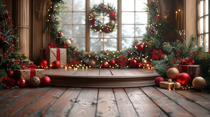 Christmas-themed podium with festive decor and snowy backdrop for product display