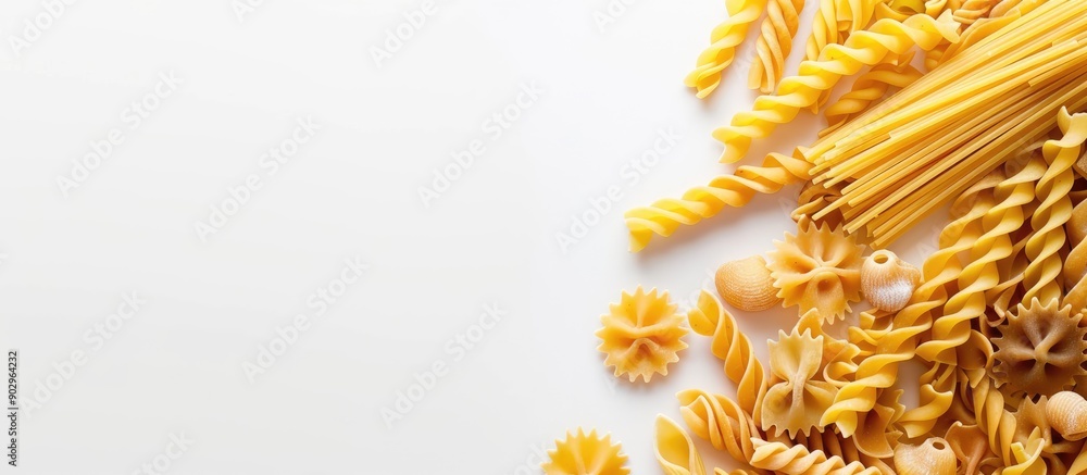 Poster tasty assorted pasta on a clean white backdrop with copy space image