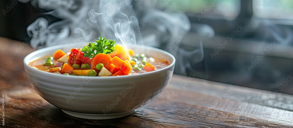 Poster selective focused image of vegetable soup in a white bowl on a wooden table with smoke rising leavin