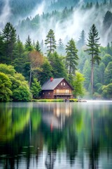 Fototapeta premium House on the lake in rainy day