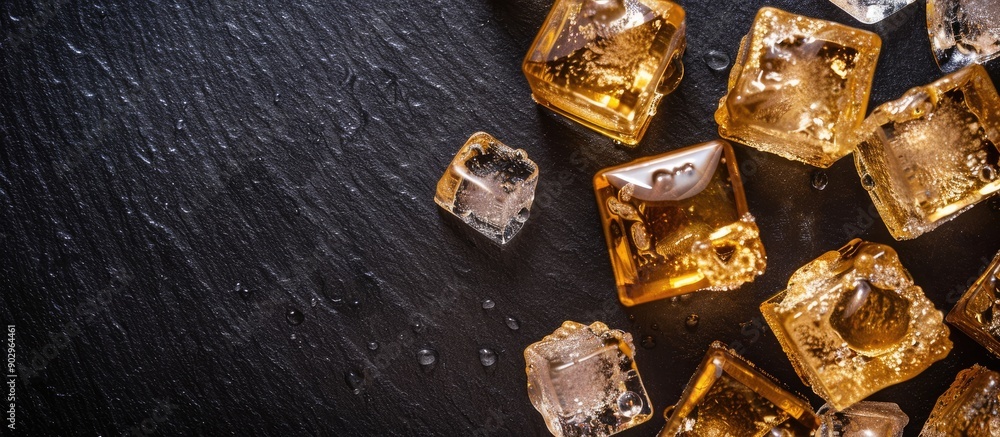 Aufkleber golden ice cubes displayed on a black backdrop with ample copy space image