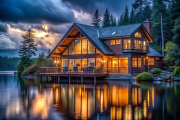 Fototapeta premium House on the lake in rainy day