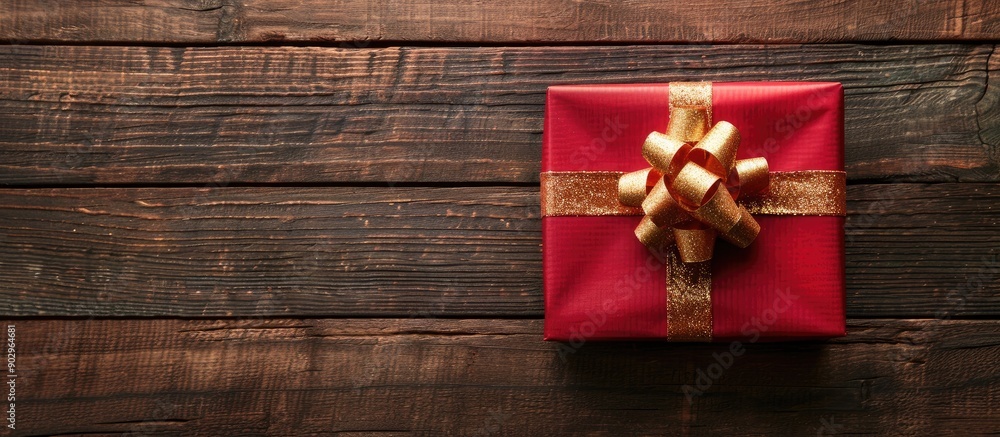 Poster a top view of a red gift box with a gold bow on a wooden table perfect for christmas and new year s 