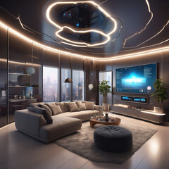 A Futuristic Smart Home Interior With Sleek Furniture  Digital Screens Integrated Into Walls  And Automated Lighting  Ultra Detailed  Modern Design