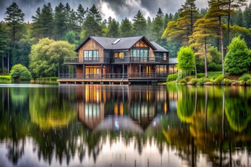 Fototapeta premium House on the lake in rainy day