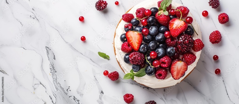 Poster nutritious italian ricotta and berry cheesecake on a clean white backdrop with copy space image for 