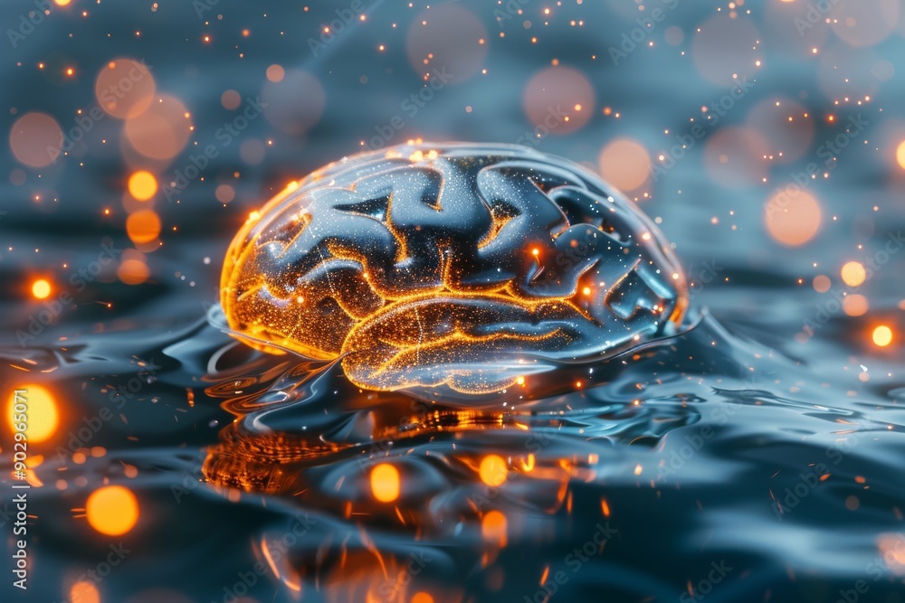 Poster digital brain with orange circuitry representing technological intelligence and modern design.