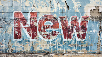 Fototapeta premium Old and weathered concrete wall showing a faded advertising slogan with the word now still visible