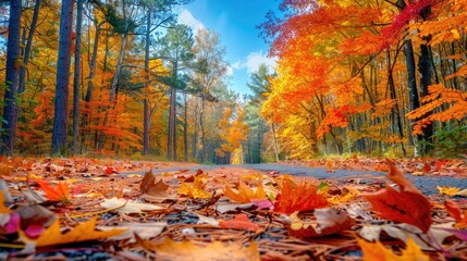 Capture the vibrant colors of autumn leaves in a serene forest with a clear blue sky overhead