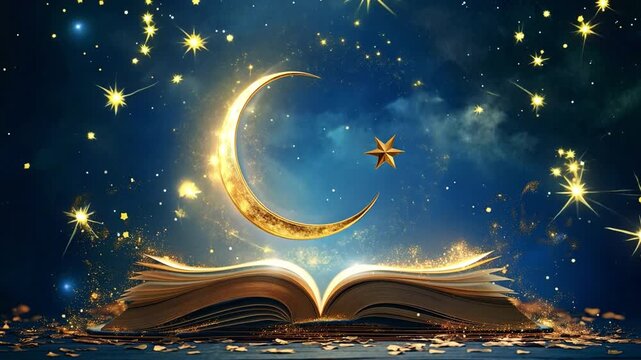 abstract open korah book featuring the crescent and star of Islam