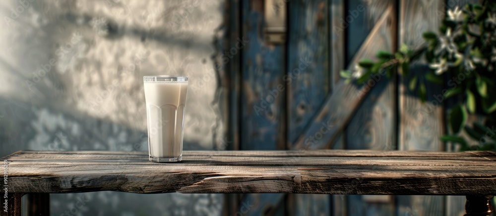 Poster A wooden table with a glass of milk by Berger creating a cozy scene with a rustic touch and a copy space image