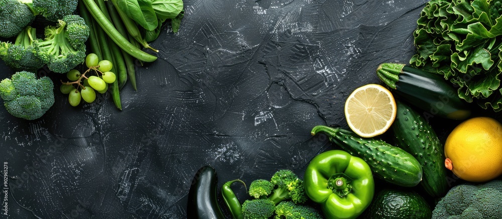 Poster top view of nutritious green vegetables and fruits displayed on a black surface with ample copy spac