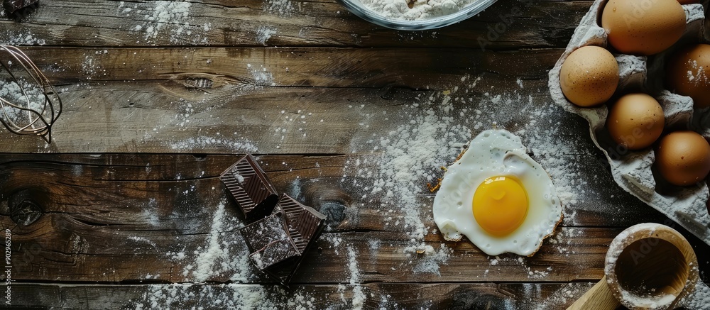 Poster messy baking preparation with love featuring ingredients like egg flour and dark cooking chocolate o
