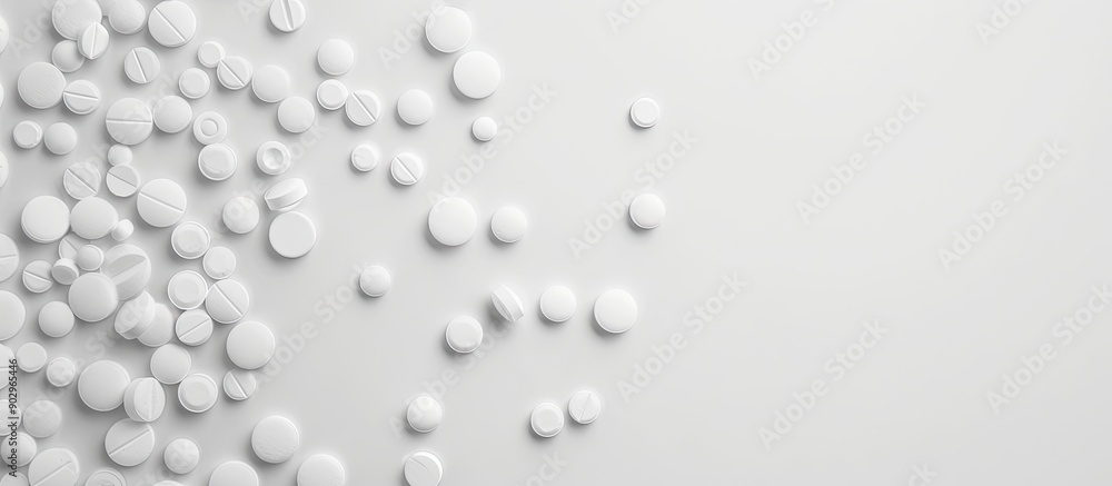 Poster White pills scattered on a white backdrop create a vibrant monochromatic image with space for text Related to pharmacy. Creative banner. Copyspace image