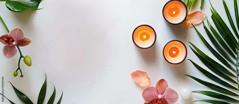 Poster Setting the scene for a spa session with candles and orchids on a white background in a top view frame with ample copy space image