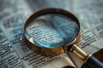 This detailed photograph features a crystal clear magnifying glass amplifying the fine print of a well-used Bible. Dramatic lighting enhances the textures of the paper, creating a captivating image.