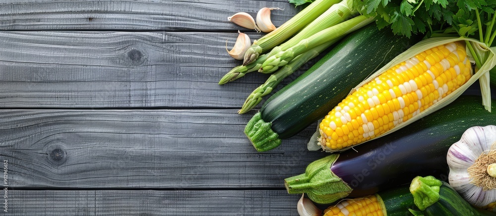 Poster various fresh organic vegetables including corn cucumber onion eggplant zucchini and garlic arranged