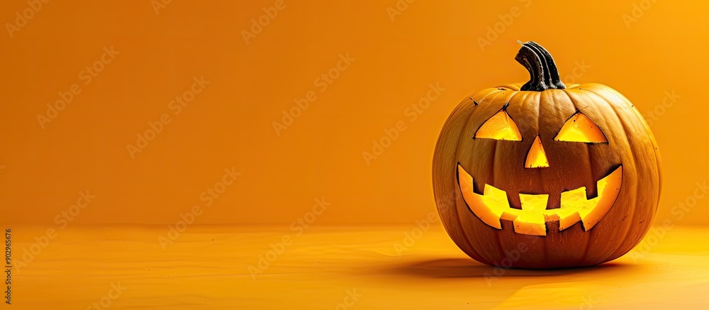 Poster An illuminated Halloween pumpkin on an orange backdrop with room for text in a copy space image