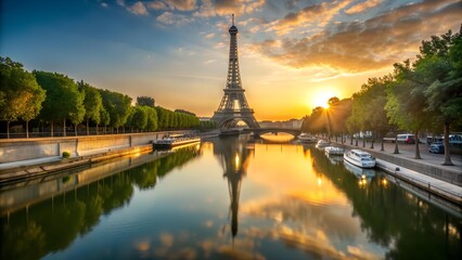 Obraz premium Golden Hour Reflections: A Parisian Silhouette AI generated