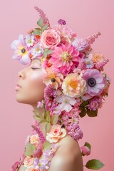 A profile view showcasing an individual embellished with an array of vibrant pink and white flowers, creating a stunning floral display.