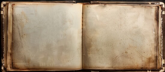 Vintage photo album with open spaces for text and images featuring empty photo frames and photo corners all set against a blank copy space image