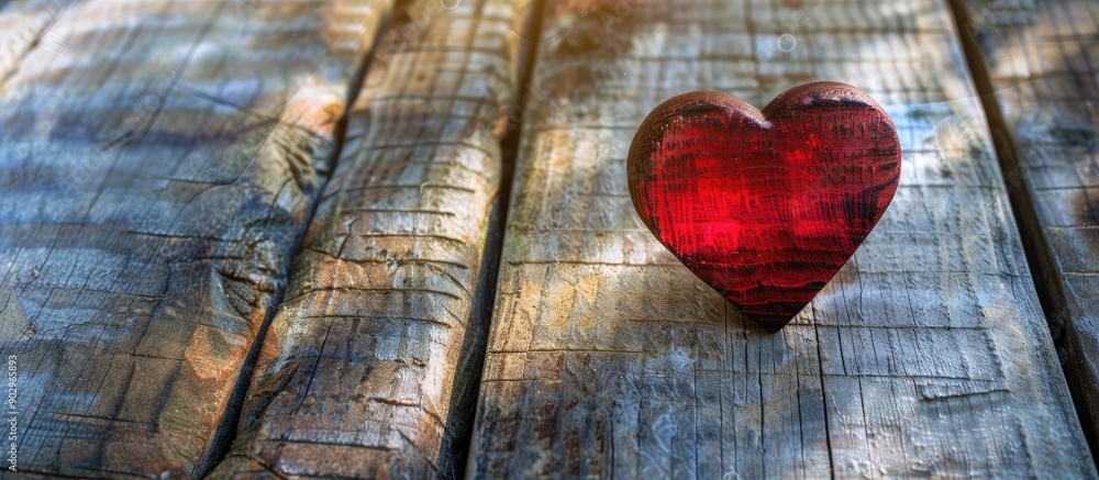 Fototapete Rustic Valentine s Day background featuring a handmade red heart on a weathered backdrop with sunrays perfect for adding text or other images. Creative banner. Copyspace image