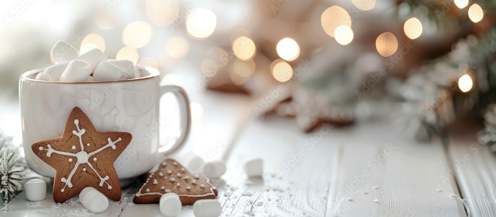 Aufkleber festive holiday theme featuring a white cup of hot winter beverage adorned with marshmallows and a g