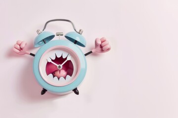 Fototapeta premium An adorable alarm clock with pink cartoon hands and an open yawning face against a white background, evoking a humorous scene.