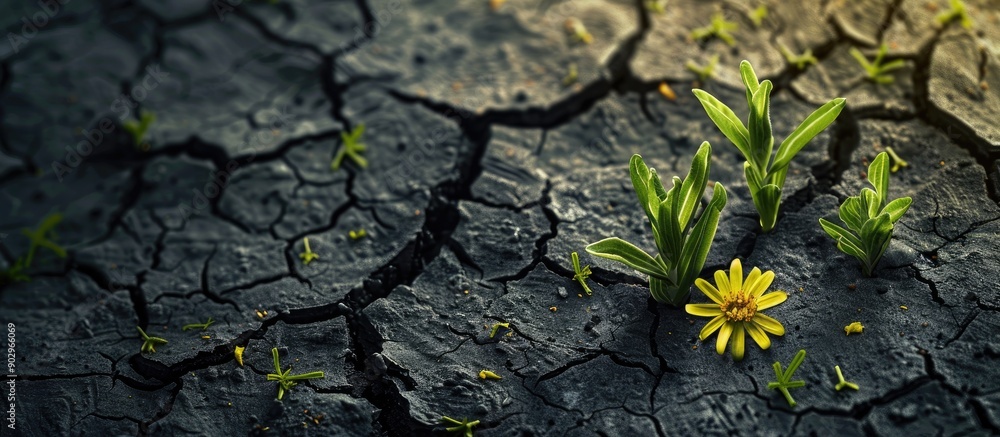 Poster The dry ground causes the grass flowers to wither illustrating the concept of a drought with a background suitable for inserting text or images known as copy space image