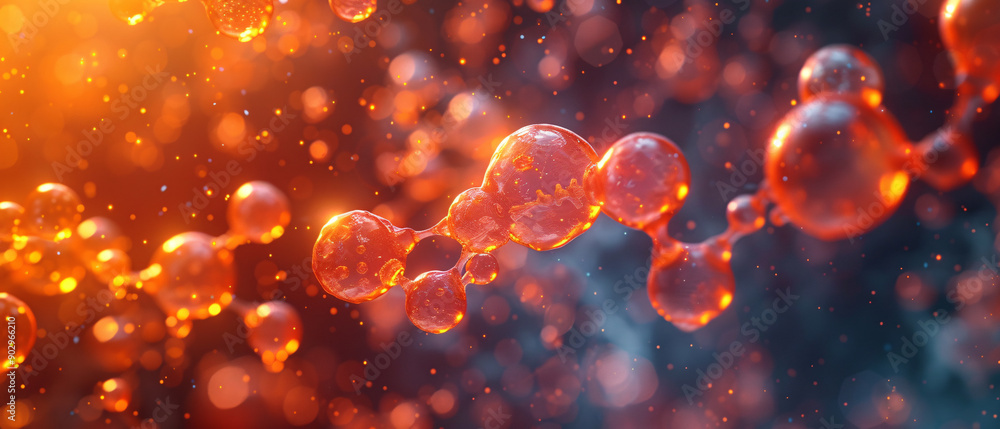 Poster abstract orange bubbles and spheres connected in a network pattern, abstract orange bubbles and sphe