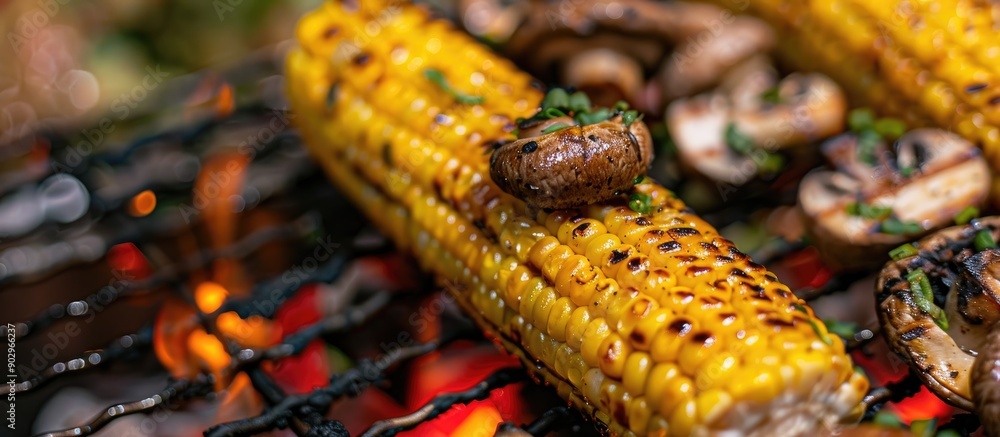 Poster Grilled yellow corn with mushrooms in focus on barbecue grid with copy space image