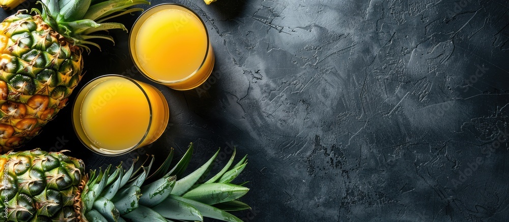 Poster top view copy space image of fresh pineapple juice in a glass with pineapple on black background