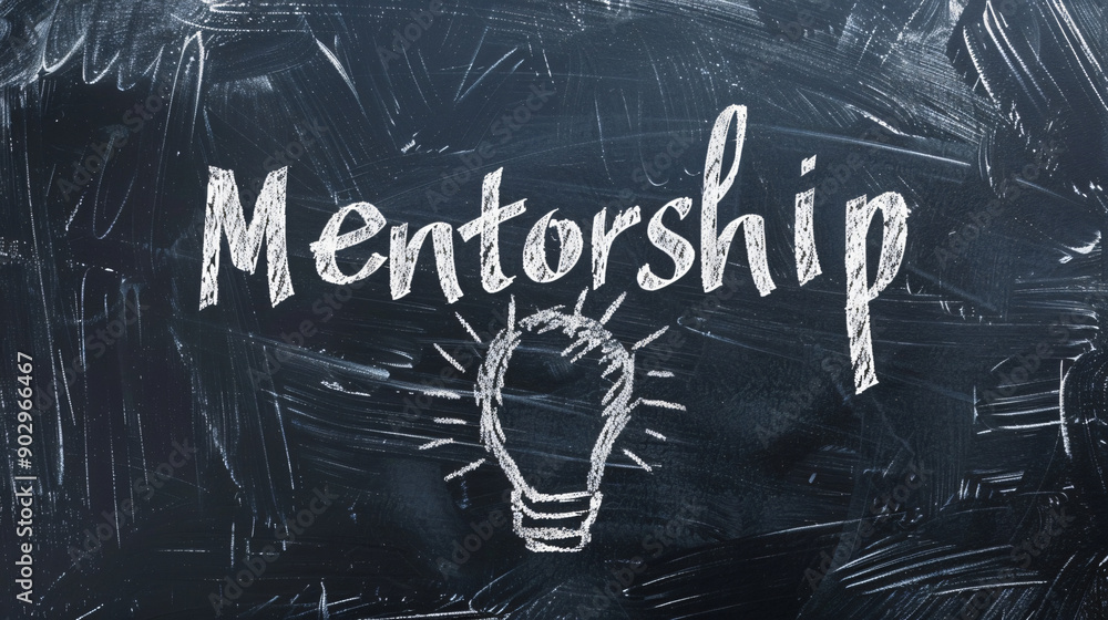 Poster image of a blackboard with the word mentorship written in chalk next to a lightbulb, promoting the i