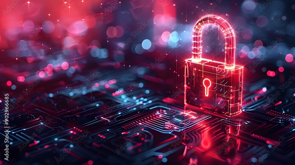 Poster digital lock symbolizing cybersecurity in a futuristic environment