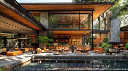Modern Architectural Marvel Surrounded by Lush Greenery in a Sunny Outdoor Setting