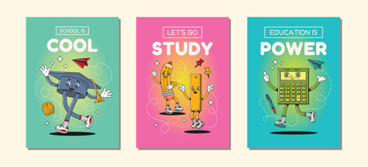 Back to school poster collection. Set of funny educational posters or banners with groovy retro stationery characters or mascots and gradient backgrounds. Posters for school, college, notebook.