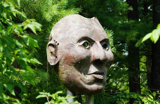 Minneapolis, Minnesota, U.S.A - July 14, 2024 - The Sioux Chief Little Crow mask, a sculpture designed by Ed Archie Noisecat