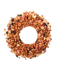 Muesli, granola with chocolate and dried fruits Isolated on white. Sweet fitness dessert. Oatmeal breakfast and snack. Creative healthy nutrition concept. Circular design. Copy space. Top view.