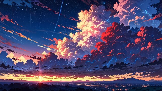 A breathtaking anime sky with shooting star, vibrant colors and beautiful clouds during sunset