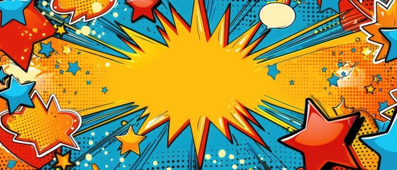 Obraz premium Colorful comic-style background with stars and explosions, perfect for pop art, comics, and creative projects.