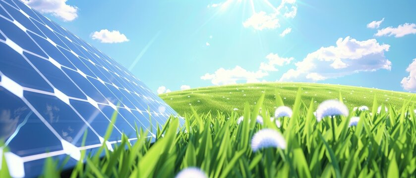 Solar panels in a lush green field under a bright blue sky, symbolizing renewable energy and sustainability.