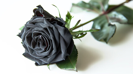 one single black rose flower on white background