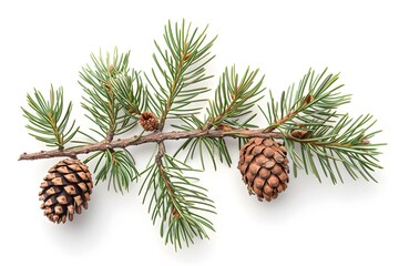 Obraz premium Beautiful Pine Branch with Cones on a White Background