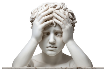 PNG  Greek sculpture covering eyes statue art representation.