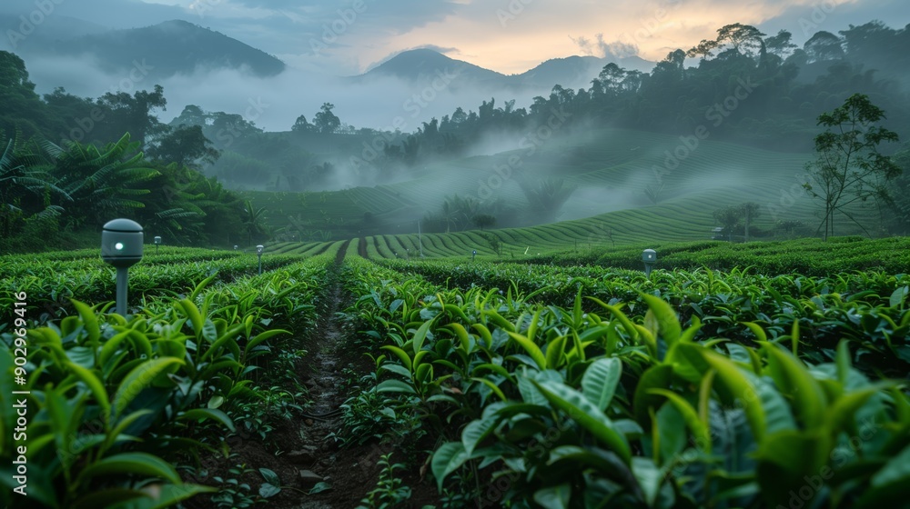 Poster tech devices enhance agricultural practices in a lush field surrounded by misty mountains during the