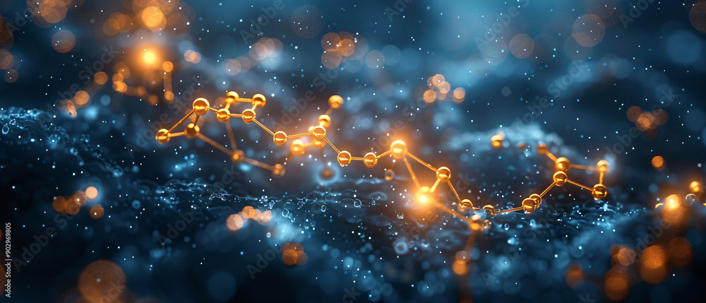 Poster abstract golden molecular structure on blue background 3d rendering, abstract golden molecular struc