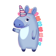Friendly cartoon Unicorn with colourful mane in shape of hearts